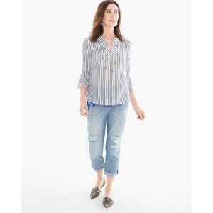 CHICO'S Fluted Sleeve Blouse Top Size 1 Cotton White Blue Striped Notch Neckline